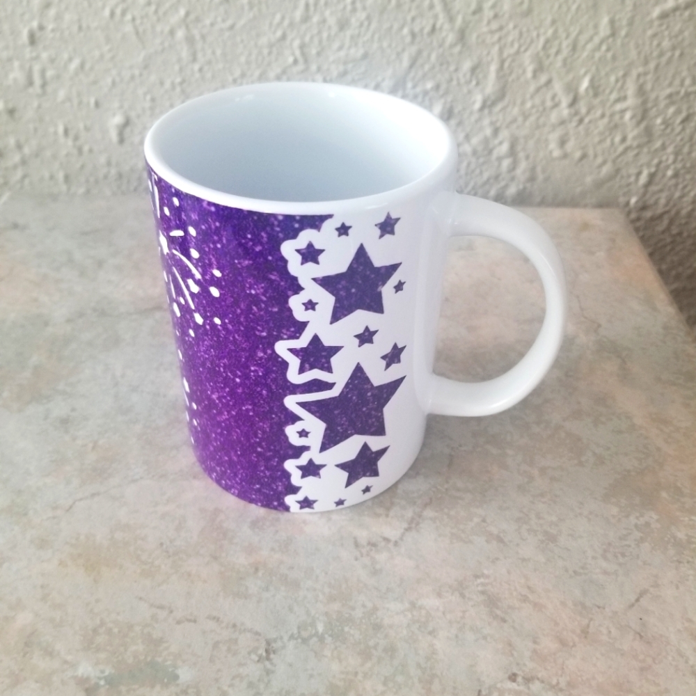 New Custom mug 15oz. Deep purple, stars and fireworks